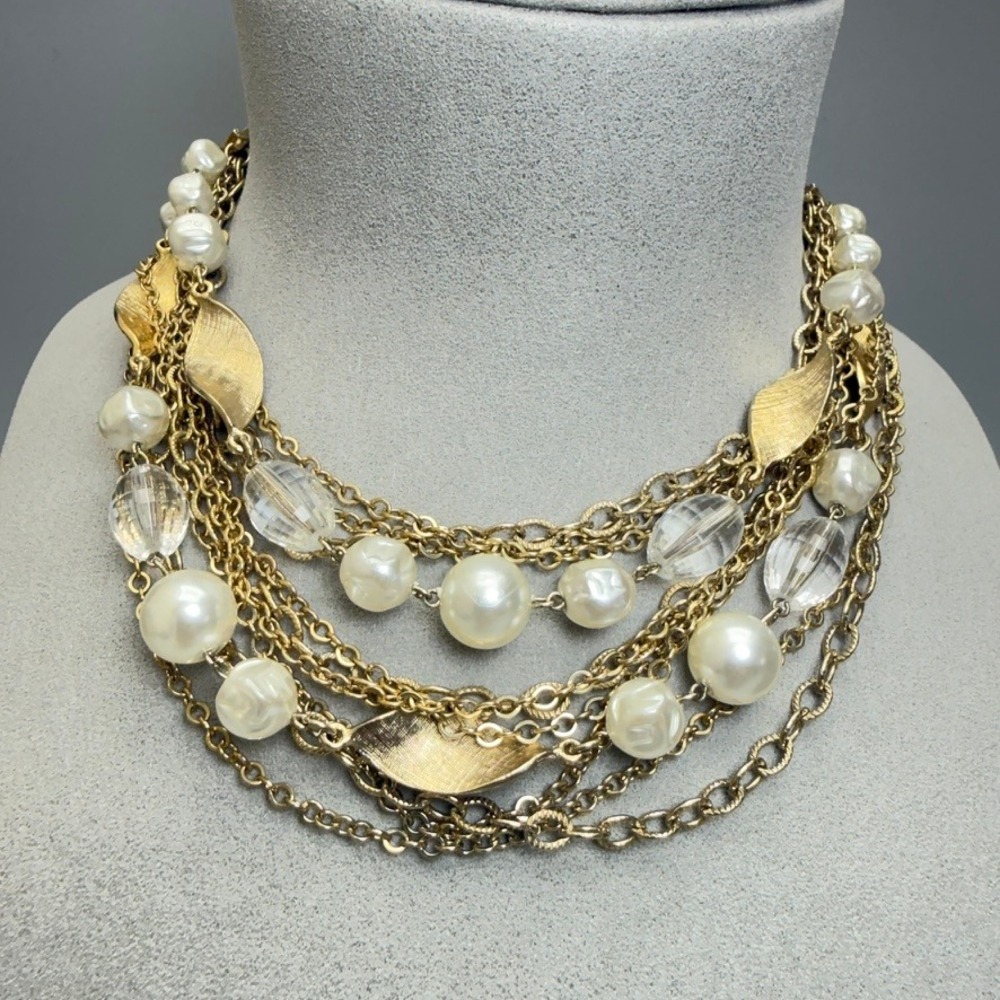 VTG 1960s Multi Strand Necklace 15" Gold Tone‎ Chain Faux Pearl Lucite Statement